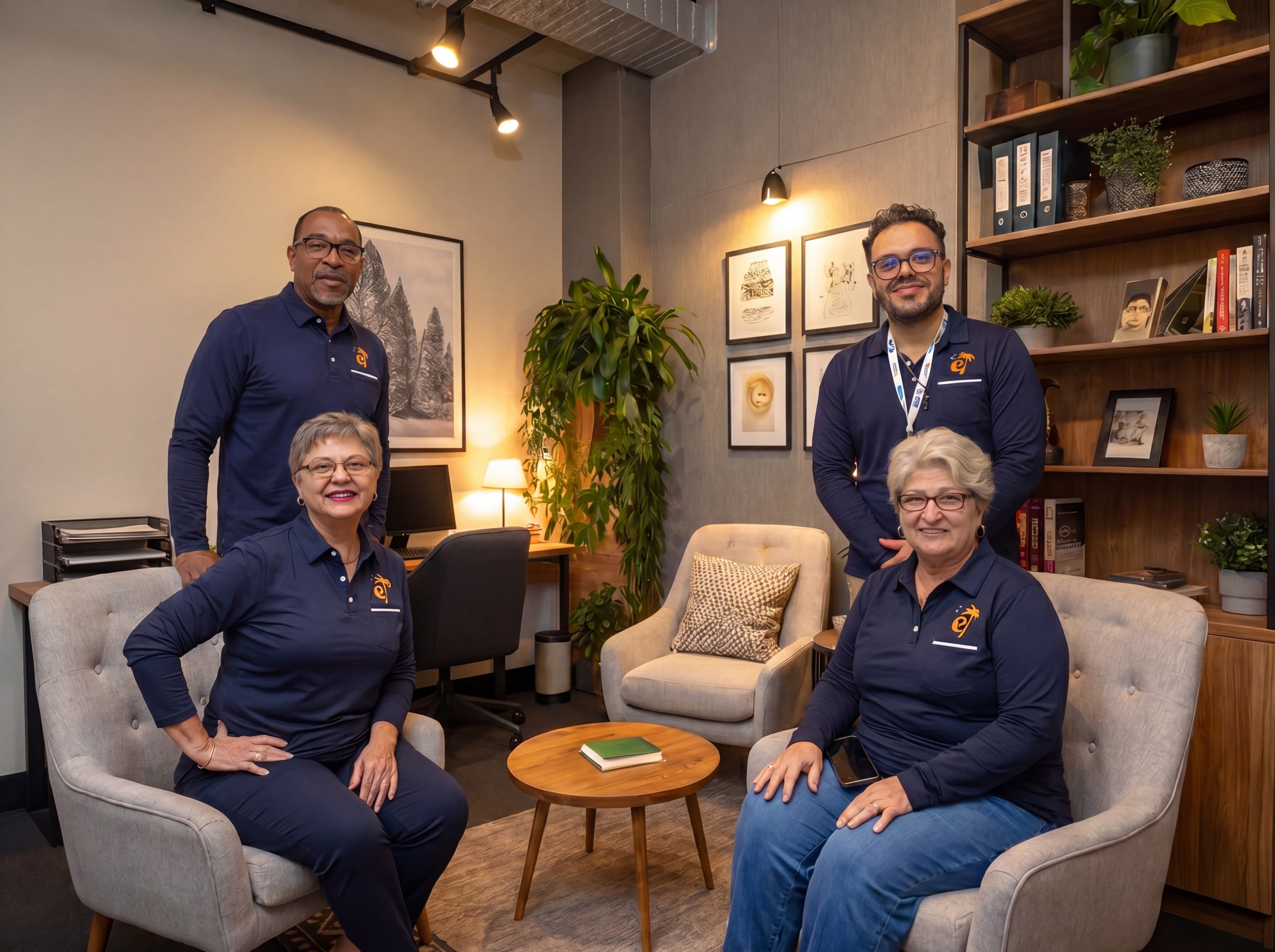 The El-Mag Insurance team — four licensed agents in their Plantation, Florida office.