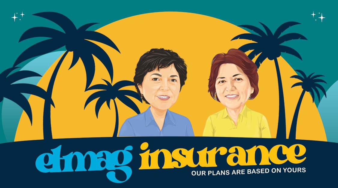 Two El-Mag Insurance owners smiling under a sun and palm trees, with the words 'elmag insurance — our plans are based on yours.'